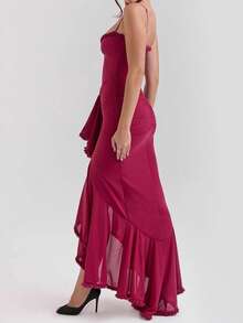 Vestido Mujer Primavera Verano Estilo Europeo Tul Tirantes Irregular Liso Ajustado Estilo Picante Elegante para Fiesta - Burdeos - Ver 5