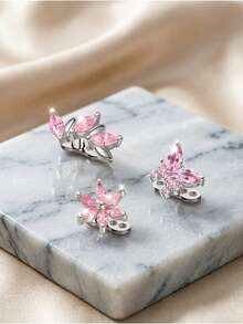 1 buah Anting Tusuk Titanium G23 Pink dengan Inlay Zirkonia Kubik, Cocok untuk Pemakaian Sehari-hari - Berwarna merah muda - View 4