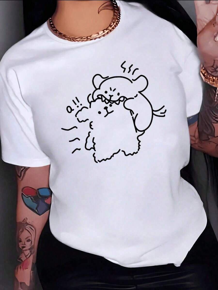 Comfortable. Two Adorable Cartoon Bears Interacting In A Fun Way, Conveying Joy. Women's T-Shirt, 100% Cotton, 220g, Stylish And Comfortable For Everyday Wear. Fashionable All-Match Women's Short Sleeve T-Shirt, Basic Style For Inner And Outerwear. - 白色的 - 查看 1