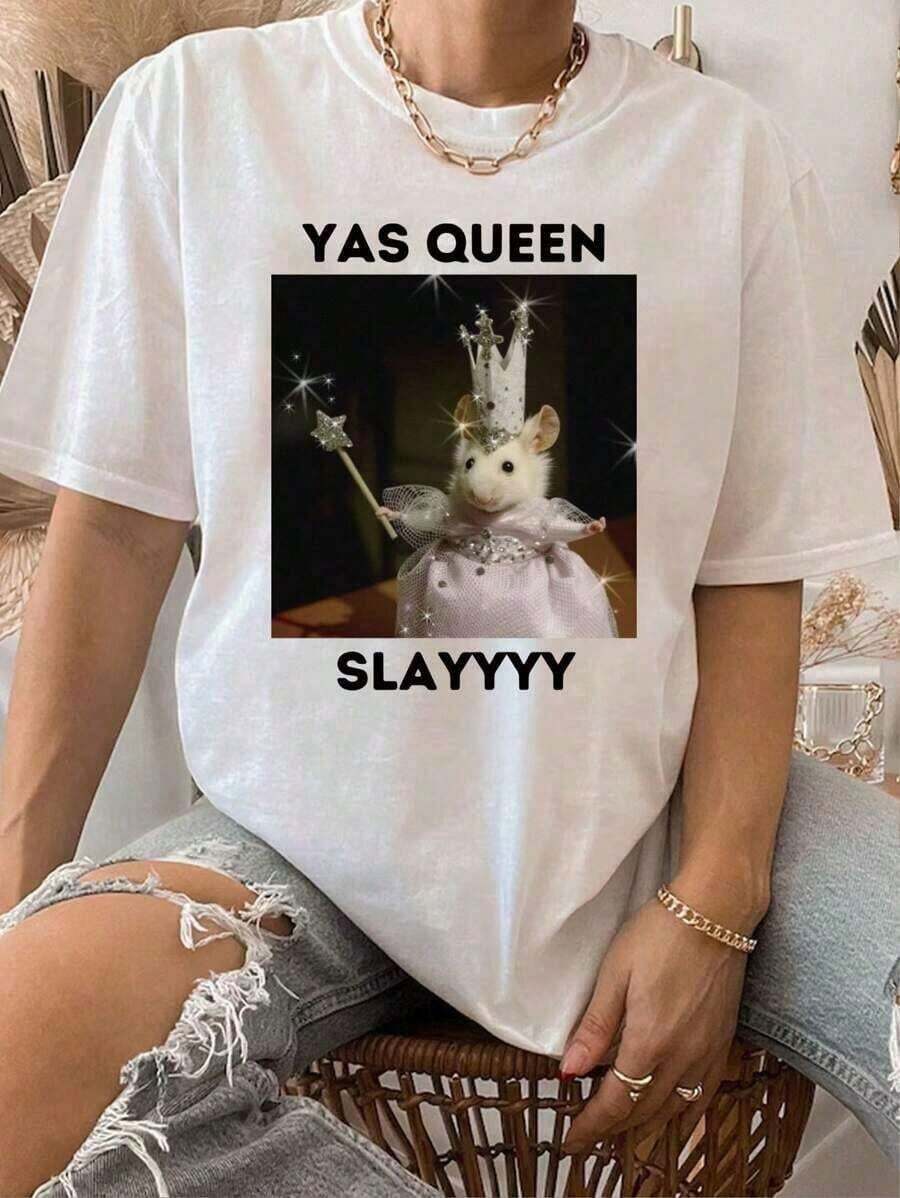 1 pieza de camiseta para mujer , cuello redondo, manga corta, estampado animal, estilo casual, minimalista para uso diario, holgada y cómoda, top vintage y lindo, 180g, 100% algodón. - Blanco - Ver 1