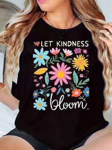 Camiseta de Mujer Under The Radar con Cuello Redondo y Estampado Floral, Diseño Gráfico 'Let Kindness Bloom', Estilo Casual de Verano, 220g - Estilo Urbano Vintage, Unisex, de Algodón, Manga Corta, Cuello Redondo - Negro - Ver 1