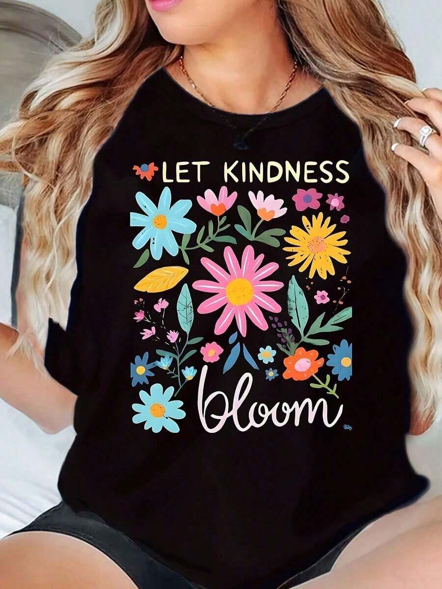Camiseta de Mujer Under The Radar con Cuello Redondo y Estampado Floral, Diseño Gráfico 'Let Kindness Bloom', Estilo Casual de Verano, 220g - Estilo Urbano Vintage, Unisex, de Algodón, Manga Corta, Cuello Redondo - Negro - Ver 1