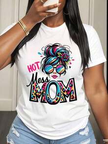 Camiseta de Mujer con Estampado Gráfico 'Hot Mess Mom' con Diseño de Cabello Colorido y Gafas de Sol, Ropa Casual de Verano para Mamás y Mujeres - Blanco - Ver 1