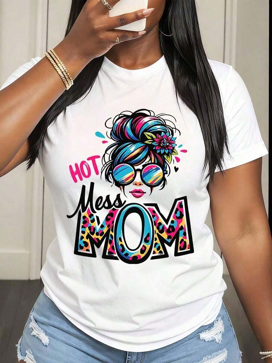 Camiseta de Mujer con Estampado Gráfico 'Hot Mess Mom' con Diseño de Cabello Colorido y Gafas de Sol, Ropa Casual de Verano para Mamás y Mujeres - Blanco - Ver 1