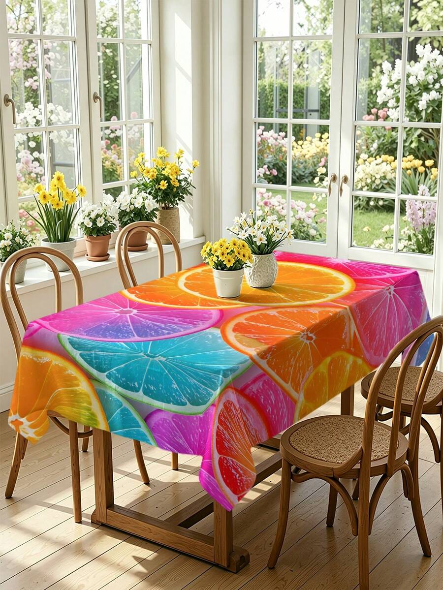 1/2pcs Tablecloth, Rainbow Fruit Slice Pattern, Polyester Material, Square Or Round Shape, Suitable For Kitchen, Dining Room, Coffee Table, Picnic, Camping, Countryside Decor, Tabletop Protection, Holiday Decoration, Vibrant And Fresh Style - Multicolor - View 1
