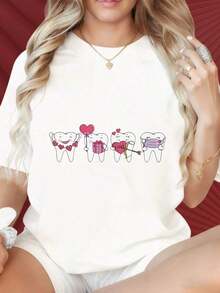 Camiseta de mujer con cuello redondo y mangas cortas, divertida de estampar, con un lindo diseño de dientes de San Valentín. Camiseta negra para mujer con dientes de dibujos animados sosteniendo corazones, regalos y mensajes de amor, perfecta para dentistas o como regalo de San Valentín con temática dental. Adecuada para fiestas de Navidad, actividades deportivas, fiestas de vacaciones, salidas, deportes y otros regalos festivos (220g). Adecuado como regalo.playera de mujer.blusas>elegante.boho chic,Top de mujer suave, transpirable y cómodo, ideal para primavera, verano y otoño, perfecto para vacaciones, viajes y uso diario. - Blanco - Ver 1