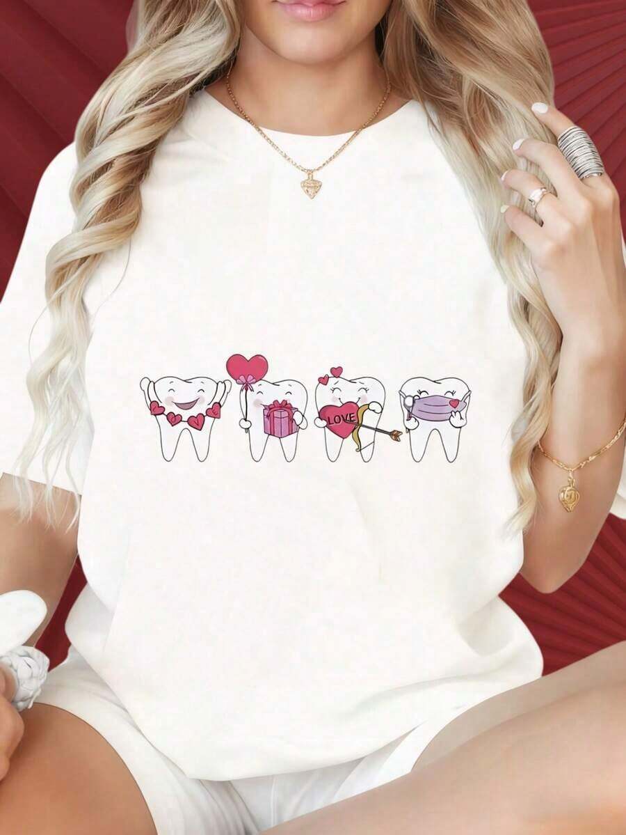 Camiseta de mujer con cuello redondo y mangas cortas, divertida de estampar, con un lindo diseño de dientes de San Valentín. Camiseta negra para mujer con dientes de dibujos animados sosteniendo corazones, regalos y mensajes de amor, perfecta para dentistas o como regalo de San Valentín con temática dental. Adecuada para fiestas de Navidad, actividades deportivas, fiestas de vacaciones, salidas, deportes y otros regalos festivos (220g). Adecuado como regalo.playera de mujer.blusas>elegante.boho chic,Top de mujer suave, transpirable y cómodo, ideal para primavera, verano y otoño, perfecto para vacaciones, viajes y uso diario. - Blanco - Ver 1
