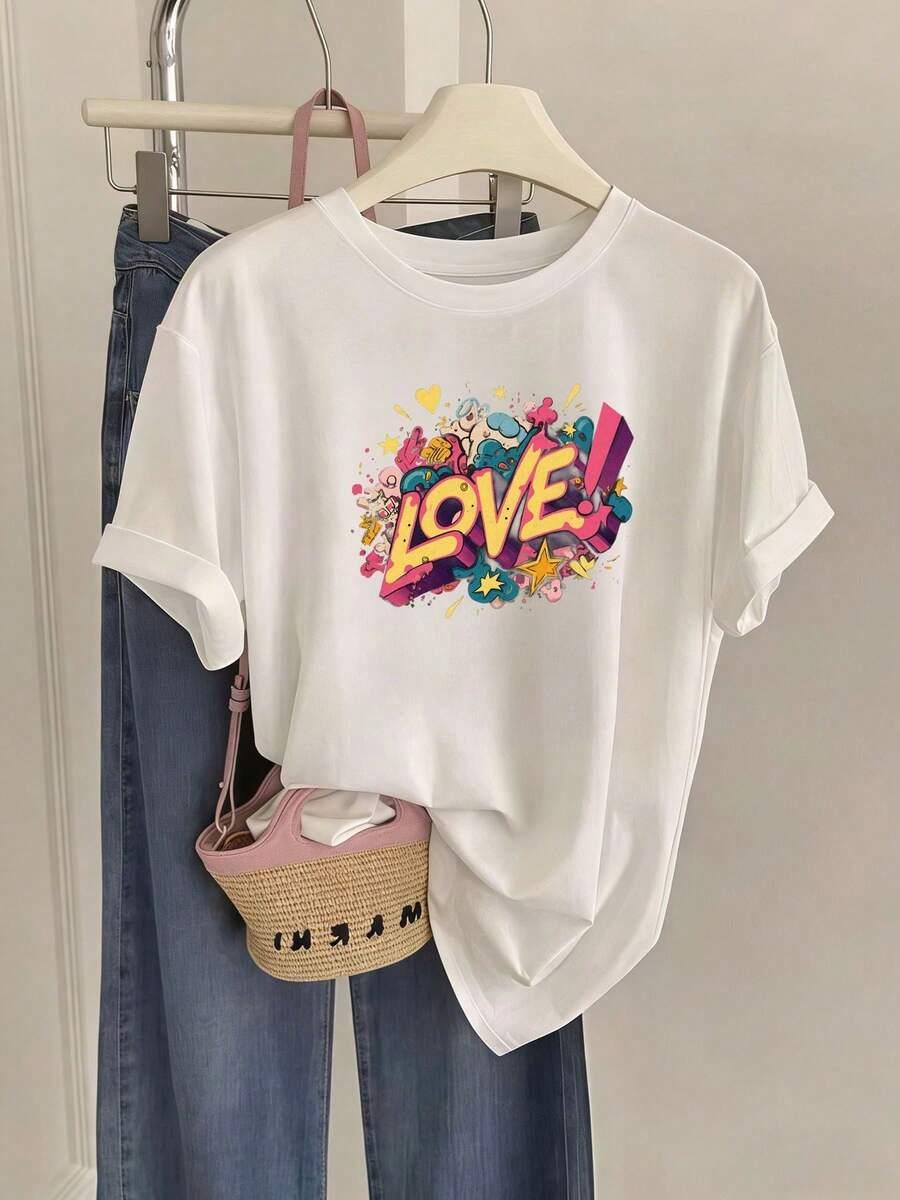 ¡Oferta por tiempo limitado, unidades limitadas, relámpago! Camisas casuales para mujer, camisetas de poliéster para mujer, camisas elegantes.Esta camiseta de manga corta y cuello redondo para mujer presenta un vibrante estampado de corazones y un colorido diseño de salpicaduras. Tiene un corte ajustado, ideal para el día a día y para combinar con otras prendas en primavera/verano. Se puede lavar a máquina y es ligeramente elástica. - Blanco - Ver 1