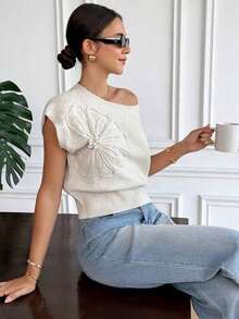 Blusa de punto con hombros asimétricos, aplicación de flor y manga corta para mujer, unicolor, elegante y casual para vacaciones.Blusa de punto hecha a mano con estampado floral, de punto, casual, para primavera, se puede usar fuera/dentro, para - Albaricoque - Ver 6