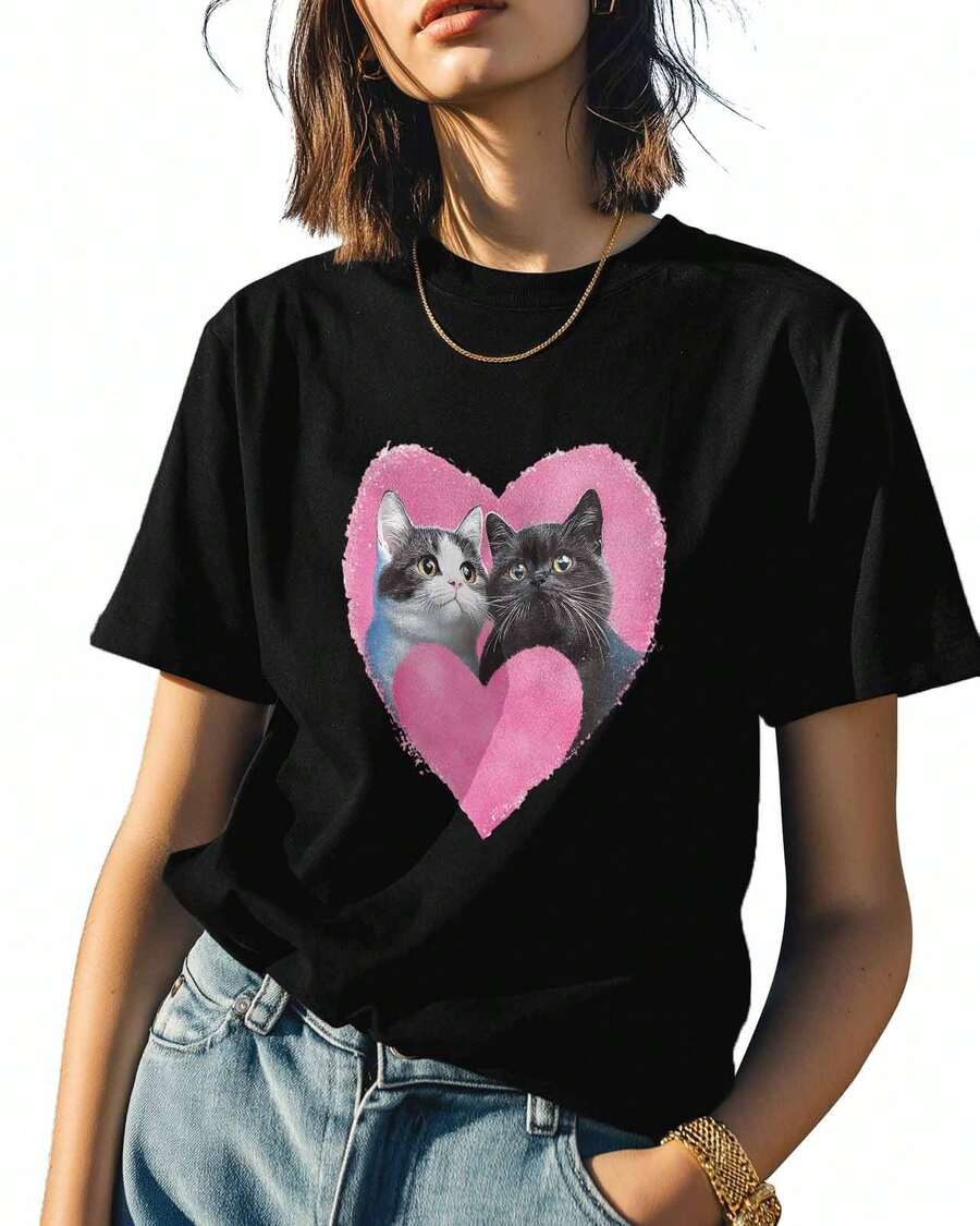 Camisetas de Mujer, Camiseta de Algodón con Estampado de Corazón, Pareja de Gatos, Animal Bonito, Cuello Redondo, Manga Corta, Estilo Casual, Holgada, Color Negro, Talla M - Negro - Ver 1