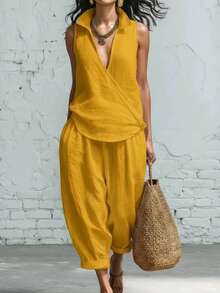 Two-Piece Linen Set With Lapel Collar Shirt And Wide-Leg Trousers - 黃色 - 查看 3