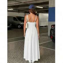 Vestido casual de mujer de un solo color con tirantes finos, adecuado para bodas - Blanco - Ver 3