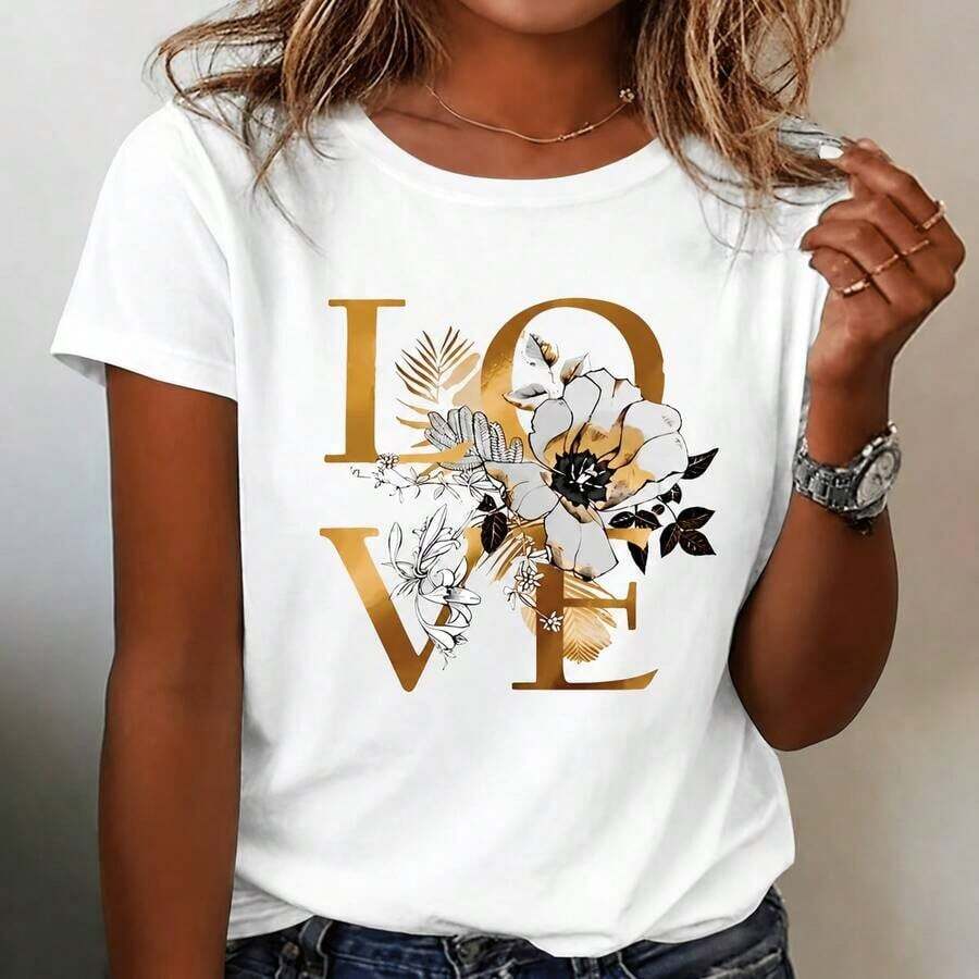 Women's Summer Casual Short Sleeve T-Shirt - Floral Print With The Word LOVE, Round Neck, Medium Elasticity Machine Washable T-Shirt For Valentine's Day And Casual Outfits, Ladies T-Shirts, Romantic Outfit. - 白色 - 查看 1
