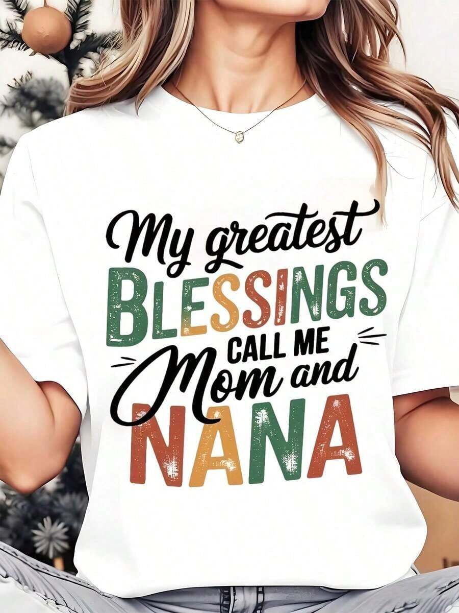 Camiseta de Cuello Redondo para Mujer con Diseño Impreso "Mis Mayores Bendiciones Me Llaman Mamá y Abuela", Regalo de Amor Familiar para Madre y Abuela, Navidad, 220g, Playera Holgada para Mujer - Blanco - Ver 1