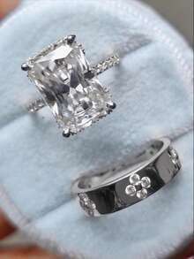 rundraw 2pcs New Clover Geometric Square Zirconia Inlaid Elegant Minimalist Copper & Silver Color Rings Set, Suitable For Party, Wedding, Daily Outfit, Best Gift For Friends And Lovers - Silver - View 12
