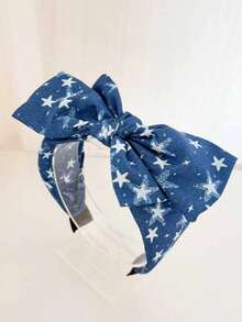 1pc Women's New Double-Layer Bow Headband, Versatile Fashion Elegant Denim Star Print Hair Accessory Hairband - Multicolor - View 2