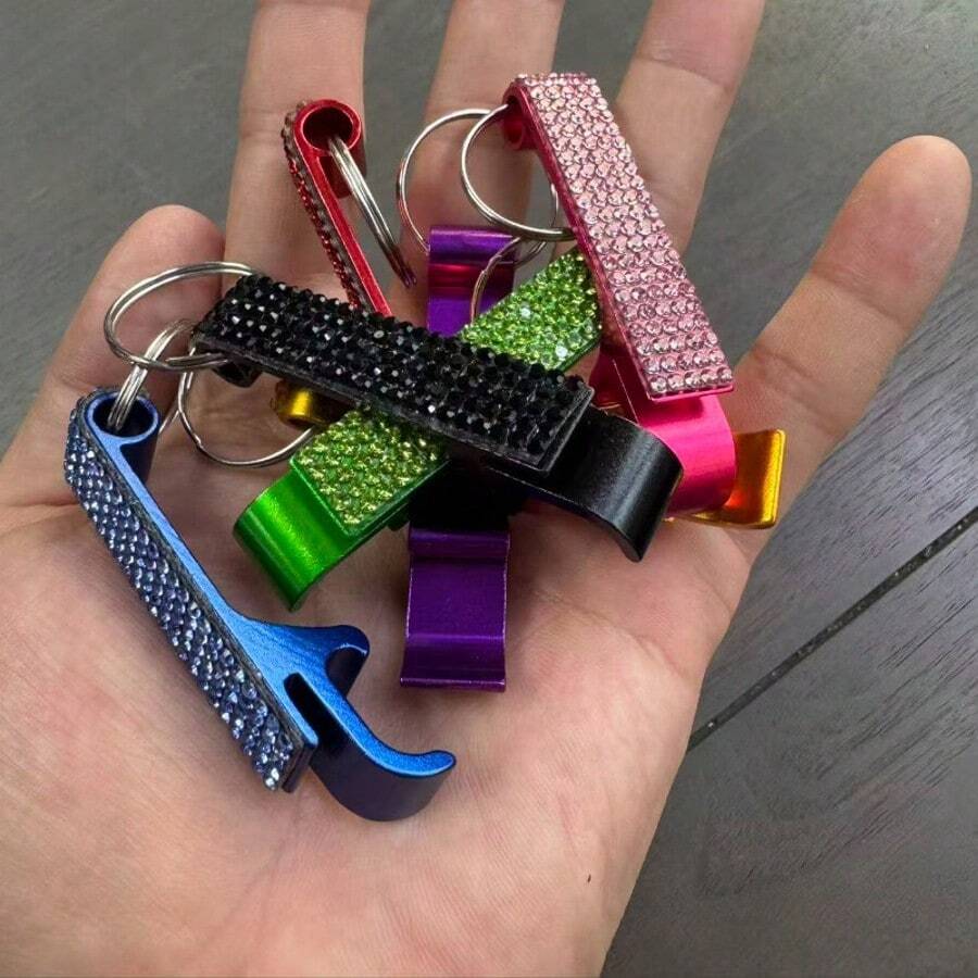 1pc Rhinestone Bottle Opener, 2-In-1 Can/Bottle Opener, 7 Color Options, Daily Use, Holiday Gift, Bag Charm, Bottle/Can Opener, Mini Wedding Favor, Bottle Opener Keychain, Birthday Gift, Retail Promotion, Compatible With Shopping Cart Anti-Theft Chain, Shopping And Daily Use - Multiple Styles - View 1