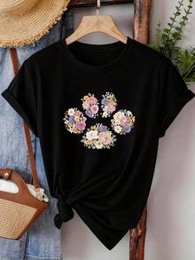 ¡Oferta por tiempo limitado, unidades limitadas,  relámpago! Camisas casuales para mujer, camisetas de poliéster para mujer, camisas elegantes.Camisetas de verano para mujer, de manga corta y estilo casual, con diseño estampado de corazón floral, para uso diario, de tela transpirable y ligera |   Top casual de mujer |   Top de verano para mujer - Negro - Ver 9