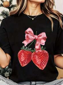 Women's Strawberry Bow Print T-Shirt, Round Neck, Casual Daily Wear, Soft And Comfortable, Vacation Style, 220g, Loose Fit T-Shirt For Women - 黑色 - 查看 7