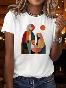 1 pieza de camiseta gráfica de manga corta con cuello redondo para mujer - Estampado artístico minimalista geométrico de la Sagrada Familia, estética moderna de fe cristiana, top informal para uso diario, 180g 100% algodón, los diseños están completamente impresos. Unisexo. - Blanco - Ver 6