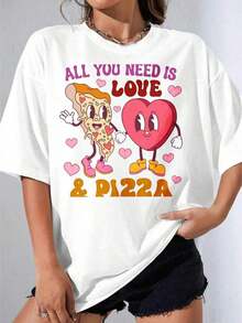 Camiseta Negra y Blanca para Niña, Linda Camiseta Oversize Blanca con Estampado de Corazón y Rebanada de Pizza, Ideal para Uso Casual, Atuendos de San Valentín, Fiestas al Aire Libre, Camiseta Estampada Casual - Negro - Ver 2