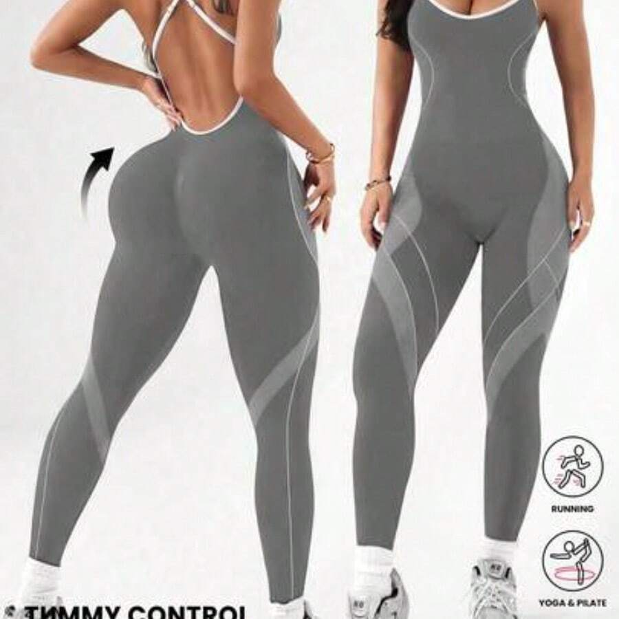 Soqi Women's Clothing Dewbera Mono deportivo sin espalda de color azul con empalmes de color contrastante - Gris - Ver 1
