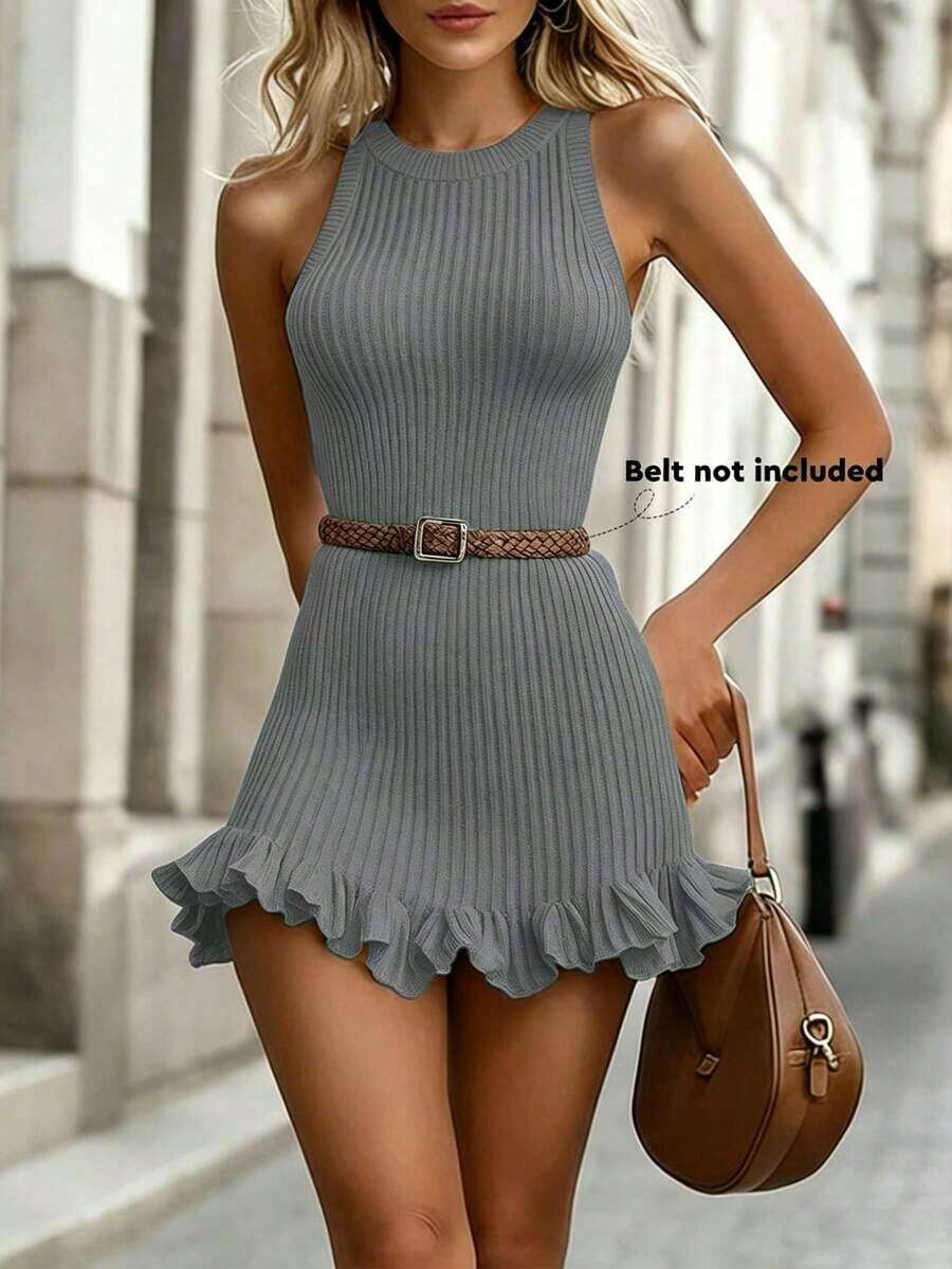 Women's Fitted Sleeveless Sweater Dress With Ruffled Hem - Gray - View 1
