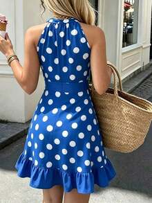 Vestido corto elegante de mujer con estampado de lunares, escote halter, para el verano - Azul - Ver 2