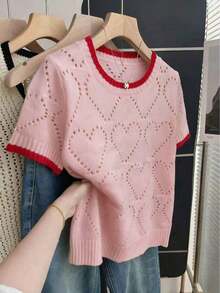 Blusa de punto holgada de cuello redondo y manga corta con diseño de corazón hueco y ribete de contraste en beige para mujer, suéter de manga corta para primavera/verano, últimas blusas de mujer, nuevas llegadas de blusas de punto para mujer - Rosa - Ver 5