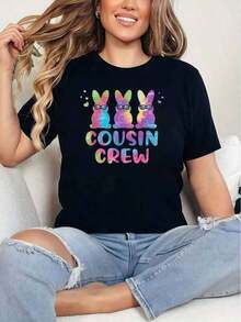 Manga Cortasummer outfits for womenCamiseta De Cuello Redondo Con Estampado De Conejito De Pascua, Huevos Y Efecto Tie-Dye, 100% Algodón, Para Mujeres, Casual De Manga Corta Para Primavera Y Veranotops de mujerVintage - Negro - Ver 6