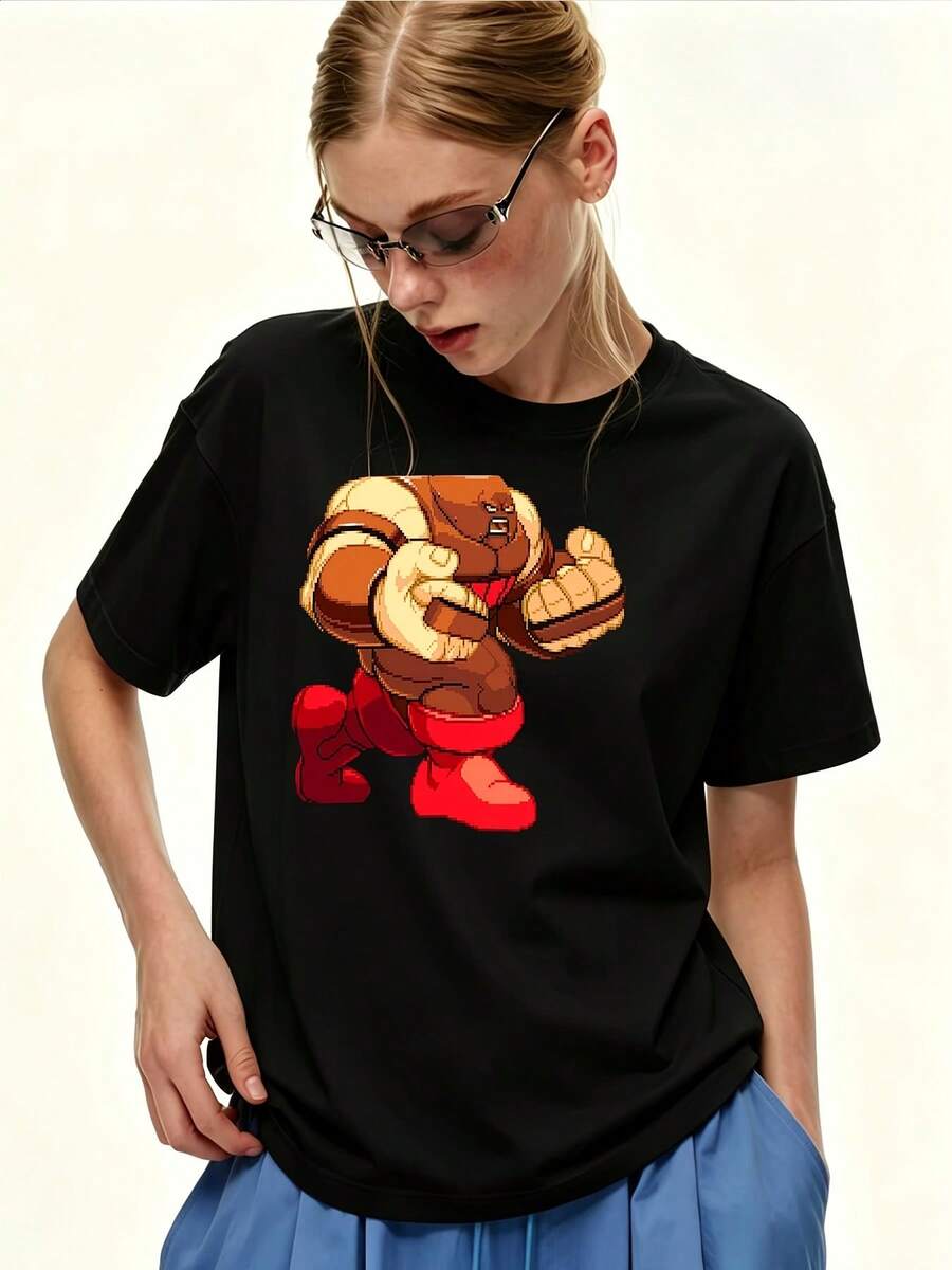Women's Size 180g T-Shirt With Cartoon Character Print, Short Sleeve, Casual And Loose Style For Summer, Suitable For Family Gatherings, Office Team Building Gifts, 2024 Fashion - Unisex Cotton Loose Short Sleeve Round Neck Urban Vintage Style T-Shirt. - 黑色 - 查看 1