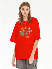 Camiseta de manga corta con estampado de cactus "HUG ME" para mujer, top casual holgado de verano - Camisetas de verano con estampado gráfico sencillo, regalo casual para el Día de la Madre. Adecuada para primavera, verano y otoño. - Rojo - Ver 7