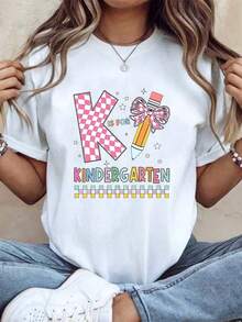 Camiseta Casual de Manga Corta para Mujer con Estampado de Lápiz y Lazo, Ideal para Jardín de Infantes, Regreso a Clases, Tela Cómoda, Perfecta como Regalo, Moda - Blanco - Ver 1