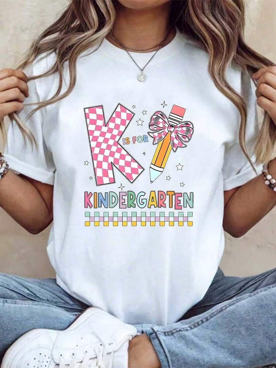 Camiseta Casual de Manga Corta para Mujer con Estampado de Lápiz y Lazo, Ideal para Jardín de Infantes, Regreso a Clases, Tela Cómoda, Perfecta como Regalo, Moda - Blanco - Ver 1