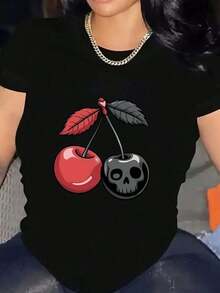 Camiseta estampada cerezas góticas calavera para mujer, estilo casual moderno, ideal para uso diario y eventos informales, disponible en tallas S, M, L, XL, negra, moda alternativa, diseño gráfico atractivo. - Negro - Ver 8