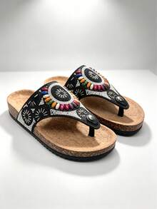 2026 New Summer Beaded Flip Flops, Handmade Bohemian Thong Sandals With Soft Wood Bottom, Comfortable And Fashionable, Suitable For Beach, Vacation, Daily Wear, Versatile Design Goes Well With Dresses, Jeans, Swimwear, Vibrant Colors And Geometric Patterns, Ergonomic Footbed, Non-Slip, Available In Plus Size, European And American Style - Multicolor - View 6