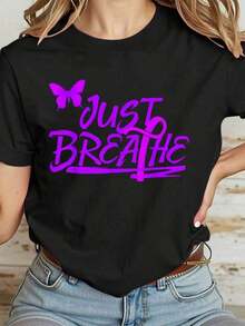 Camiseta Casual 100% Algodón para Mujer, Mensa de Concientización sobre Violencia Doméstica, Superviviente, Solo Respira, Ayuda - Negro - Ver 1