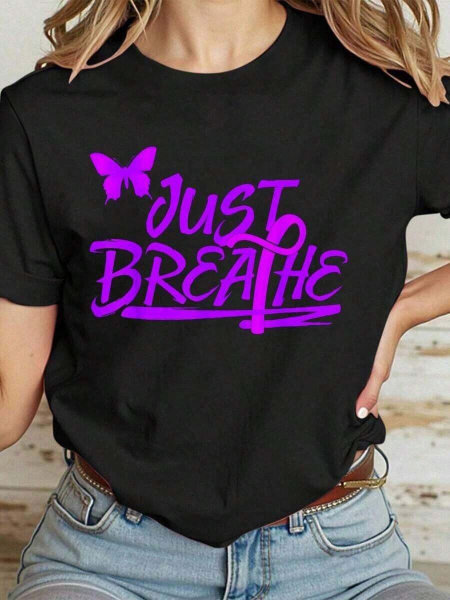 Camiseta Casual 100% Algodón para Mujer, Mensa de Concientización sobre Violencia Doméstica, Superviviente, Solo Respira, Ayuda - Negro - Ver 1