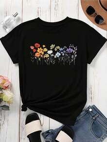 Women's Floral Print T-Shirt, Short Sleeve, Round Neck, Casual Summer Style, White - Urban Vintage Style, Unisex, Loose Fit, Cotton, 100% Cotton - 黑色 - 查看 4