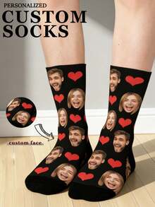 1 Pair Personalized Customized Black Knitted Comfortable Romantic Face & Heart Print Socks, Suitable For Anniversary/Gift Occasions, Unique Gift, Creative Photo - Multicolor - View 1