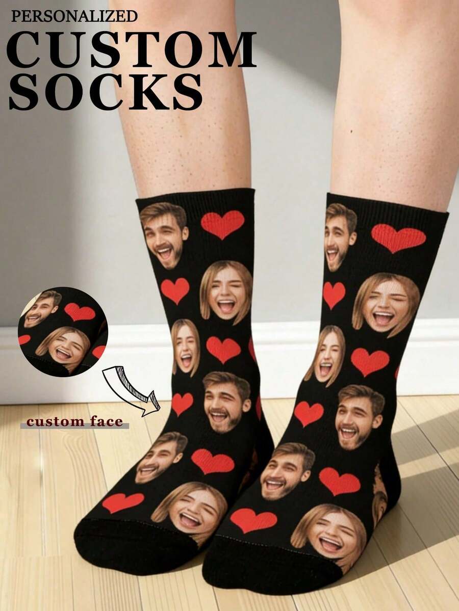 1 Pair Personalized Customized Black Knitted Comfortable Romantic Face & Heart Print Socks, Suitable For Anniversary/Gift Occasions, Unique Gift, Creative Photo - Multicolor - View 1