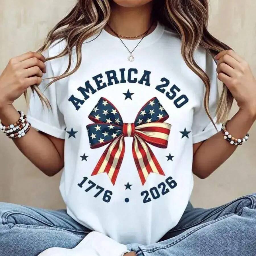 Camiseta con Gráfico Patriótico America 250 1776-2026 | Conjunto para el 4 de julio, regalo perfecto para familiares y amigos, camiseta de moda holgada y cómoda de algodón. - Blanco - Ver 1