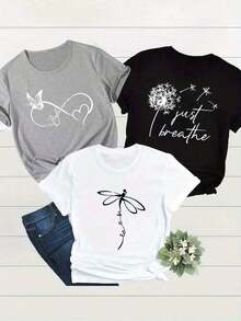 Artículo de moda: Camiseta con estampado 3 piezas/set de camisetas de manga suitable for streetwear, Top oversized cuello redondo daily outings, camping, concerts, hip-hop, rock, and rap events creativo de libélula, mariposa y diente de león, conjunto de pieza, top casual de manga corta y cuello redondo para mujer, disponible en múltiples estilos. Camiseta para mujer. - Negro - Ver 9
