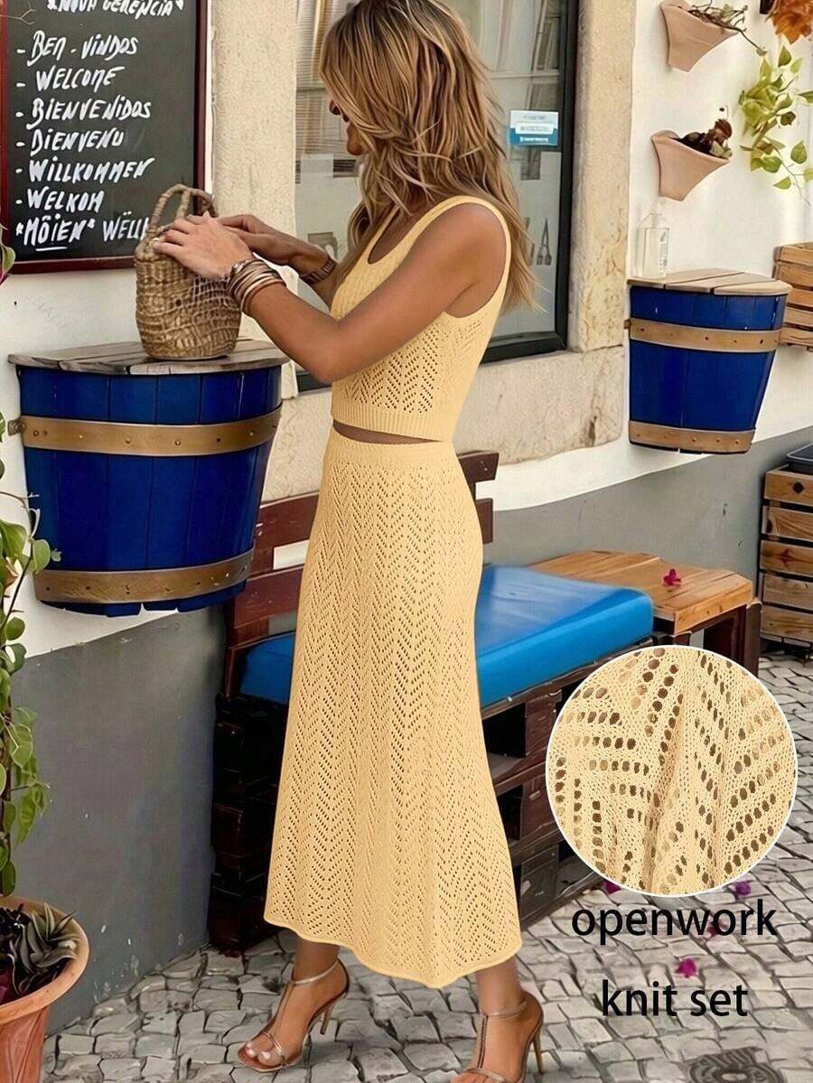 Women's 2-Piece Set, Comfortable, Casual And Elegant, Solid Color Ribbed With Hollow Design, Tank Top And Long Skirt, Suitable For Resort, Beach, Summer, Spring In Pink - Yellow - View 1