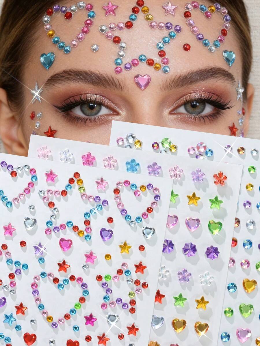 1 Sheet Colorful Star Flower Heart Glitter Rhinestone Face Stickers, Shiny Bow Shaped Stickers, Self-Adhesive Gemstone Diamonds For Face,Eyes, Makeup Tattoos For Women, Girls ,Concert Look