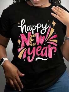100% algodón, camiseta de mujer, camiseta de Año Nuevo, diseño de estampado de leopardo en rosa, ideal para celebraciones y fiestas. - Negro - Ver 8