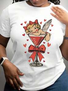 100% algodón, camiseta de mujer con estampado de Cupido sobre un copa de martini, ángel vintage con lazo rojo y corazones, ideal para fiestas del Día de San Valentín. - Blanco - Ver 8
