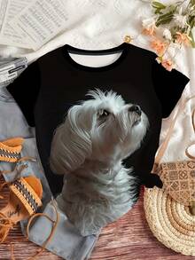 Camiseta con estampado de cachorro blanco adorable, diseño realista de cachorro blanco, manga corta casual y versátil, top de mujer a la moda, opción de regalo ideal. - Negro - Ver 5