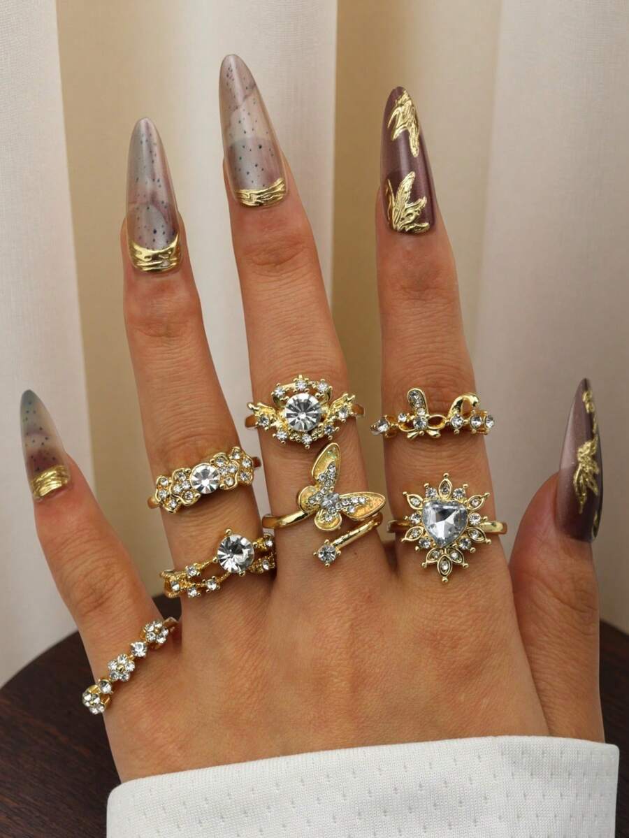 7件套时尚休闲金/银色水钻皇冠花朵蝴蝶戒指套装,可叠戴戒指,适合女士办公室通勤、上学、购物、日常佩戴 - 彩色 - 查看 1