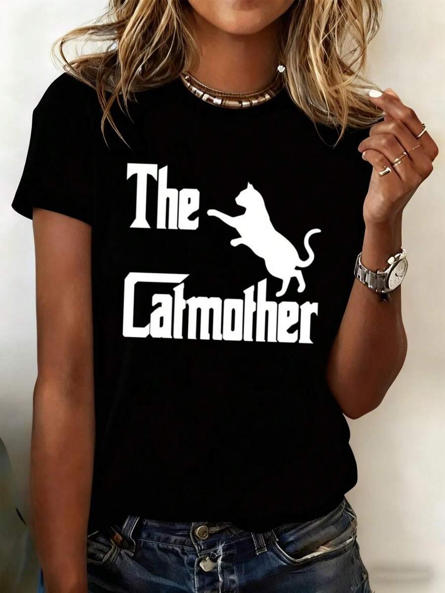 1 pieza de camiseta "Cat Mom" para mujer y unisex, 180g, 100% algodón - Camiseta casual de manga corta, cuello redondo y corte holgado, estampada con el texto "Cat Mom". - Negro - Ver 1